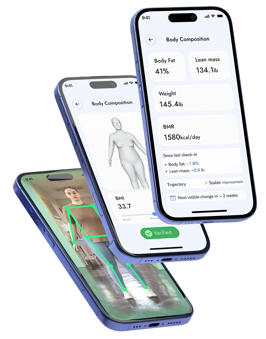 Three smartphones display a body composition app with metrics like body fat percentage, lean mass, BMI, and a 3D body model; one phone shows an in-camera body scan, providing structured body data that can seamlessly integrate with telehealth and digital health programs.