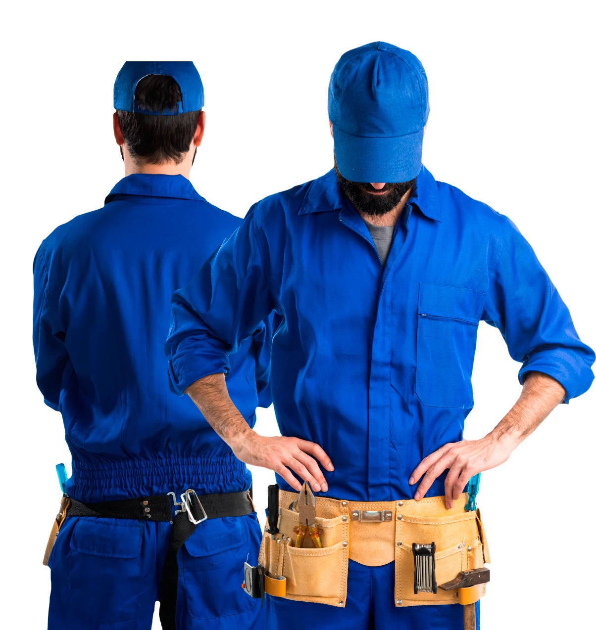 Two workers in blue coveralls and tool belts stand facing away and forward on a white background, showcasing modern uniforms that could benefit from 3DLOOK’s innovative Mobile Tailor technology.