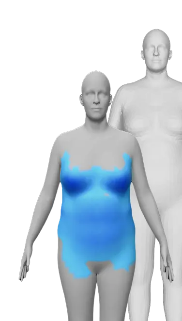 Two grayscale human figures stand side by side; the front figure has blue shading on the chest, abdomen, and sides, highlighting specific body regions to emphasize structured body data—a visual commonly used in digital health programs.