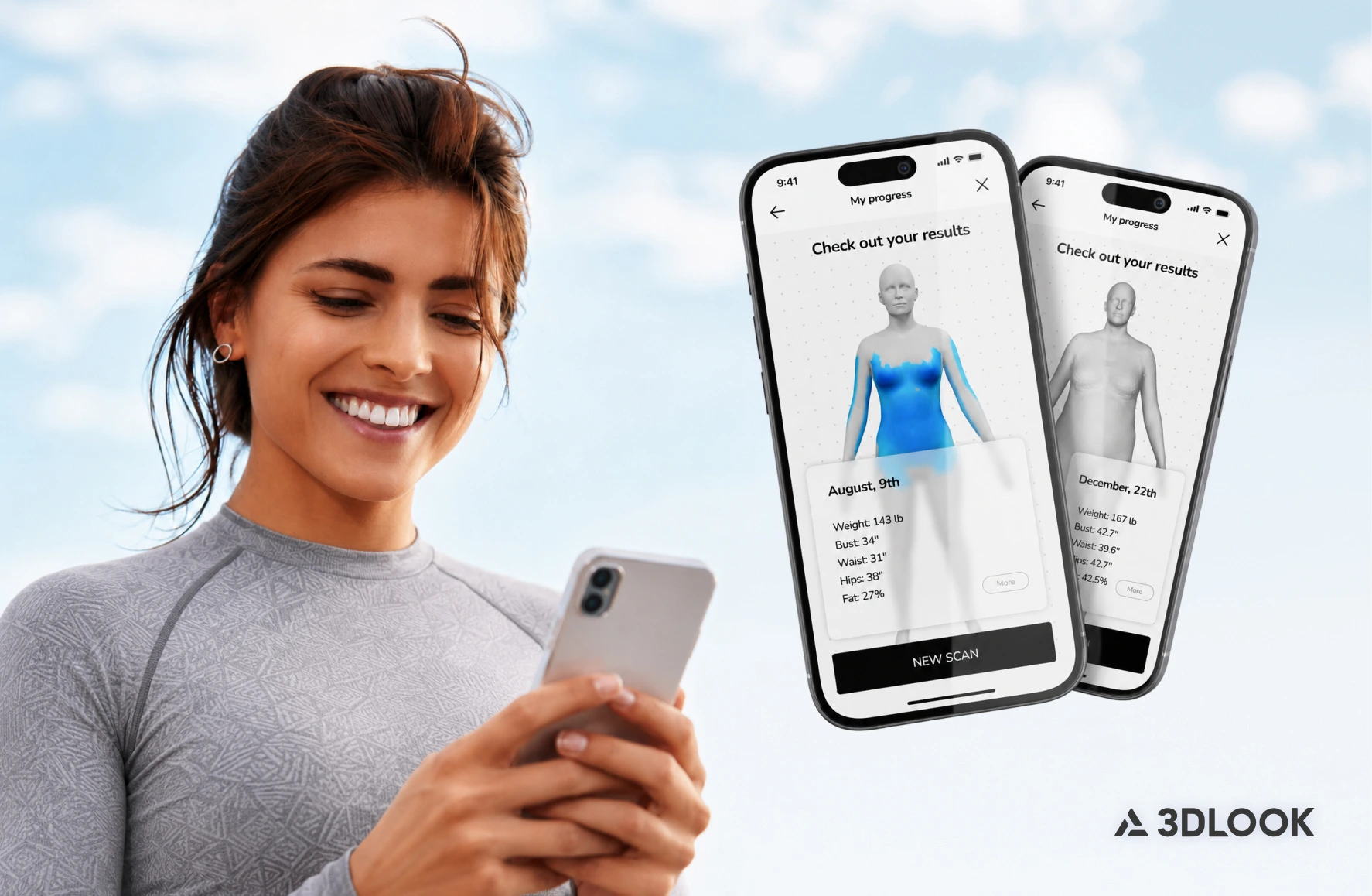 A woman smiles at her smartphone outdoors; two smartphone screens show 3D body scan results with measurement stats, highlighting the power of mobile body scanning in healthcare technology. The 3DLOOK logo appears in the lower right corner.