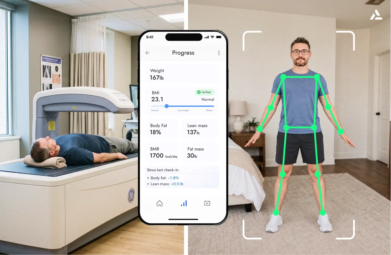 Split image: left side shows a man undergoing a body scan; right side shows a man standing with a digital overlay; center displays a smartphone app with body composition metrics.