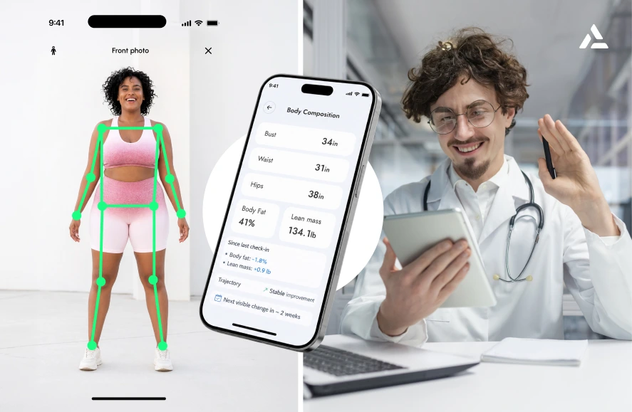 Split image: Left shows a woman in fitness attire with body scan points; center shows a smartphone with body metrics; right shows a doctor in a white coat smiling at a tablet.