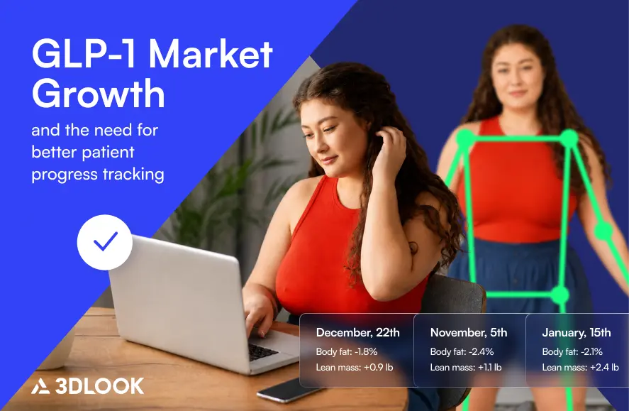 A woman sits at a desk with a laptop; her body stats are shown over three dates, highlighting changes in body fat and mass. Text discusses GLP-1 market growth and patient progress tracking.
