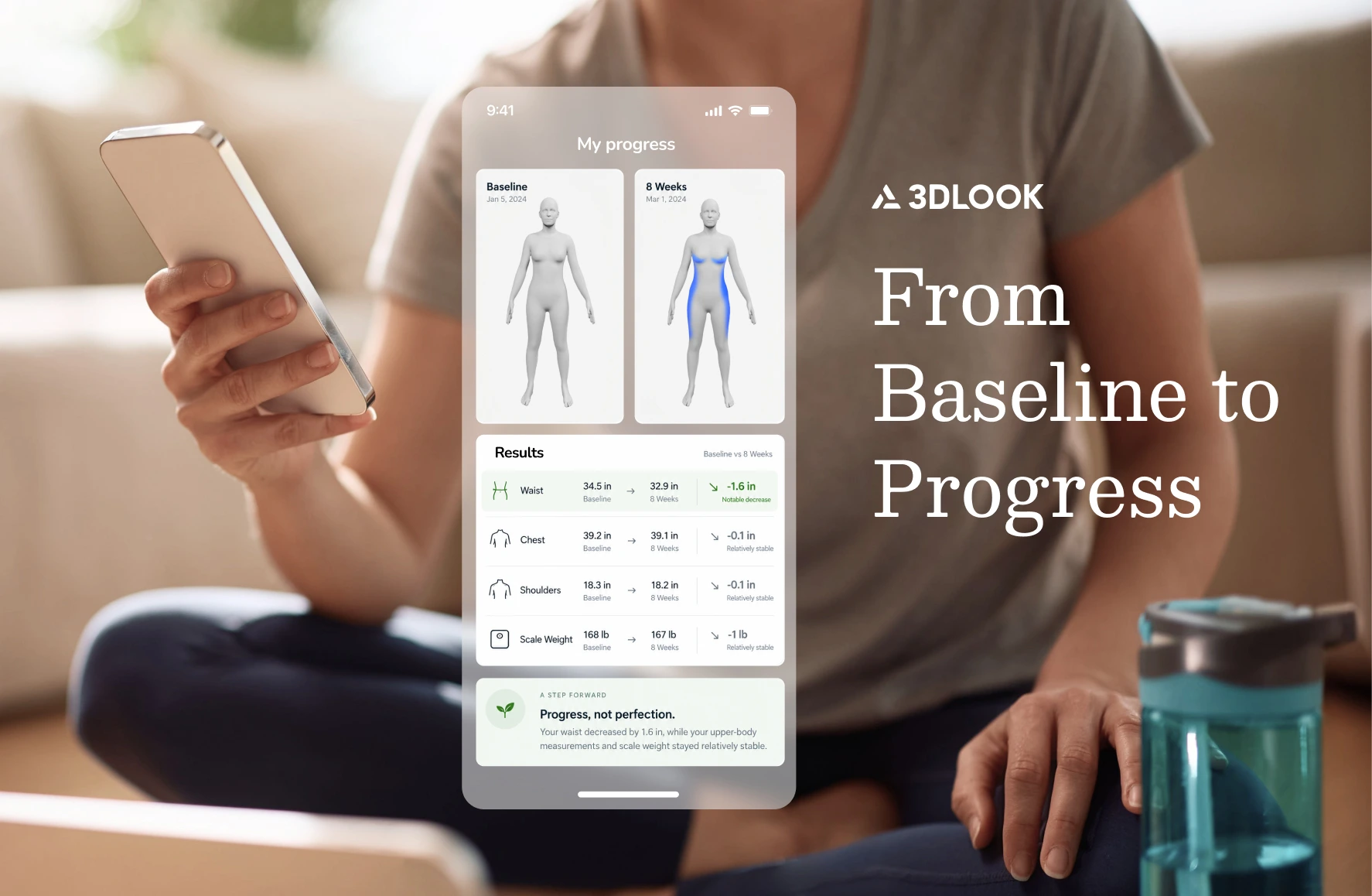 Person holding smartphone displaying a body measurement progress app, featuring powerful Progress Tracking and AI Body Data comparison, with a note about improvement. The screen highlights “From Baseline to Progress” on the side, showcasing how modern wellness platforms empower users to monitor their fitness journey.