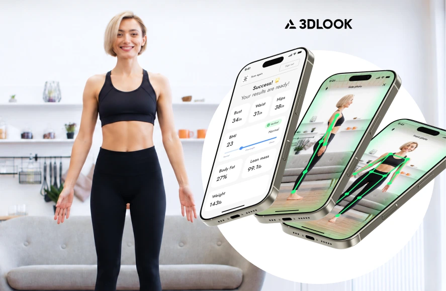 A woman in athletic wear stands in a living room. Three smartphones display body measurement and 3D body scan results, highlighting the efficiency of digital intake for occupational health screening. The 3DLOOK logo is in the top right corner.