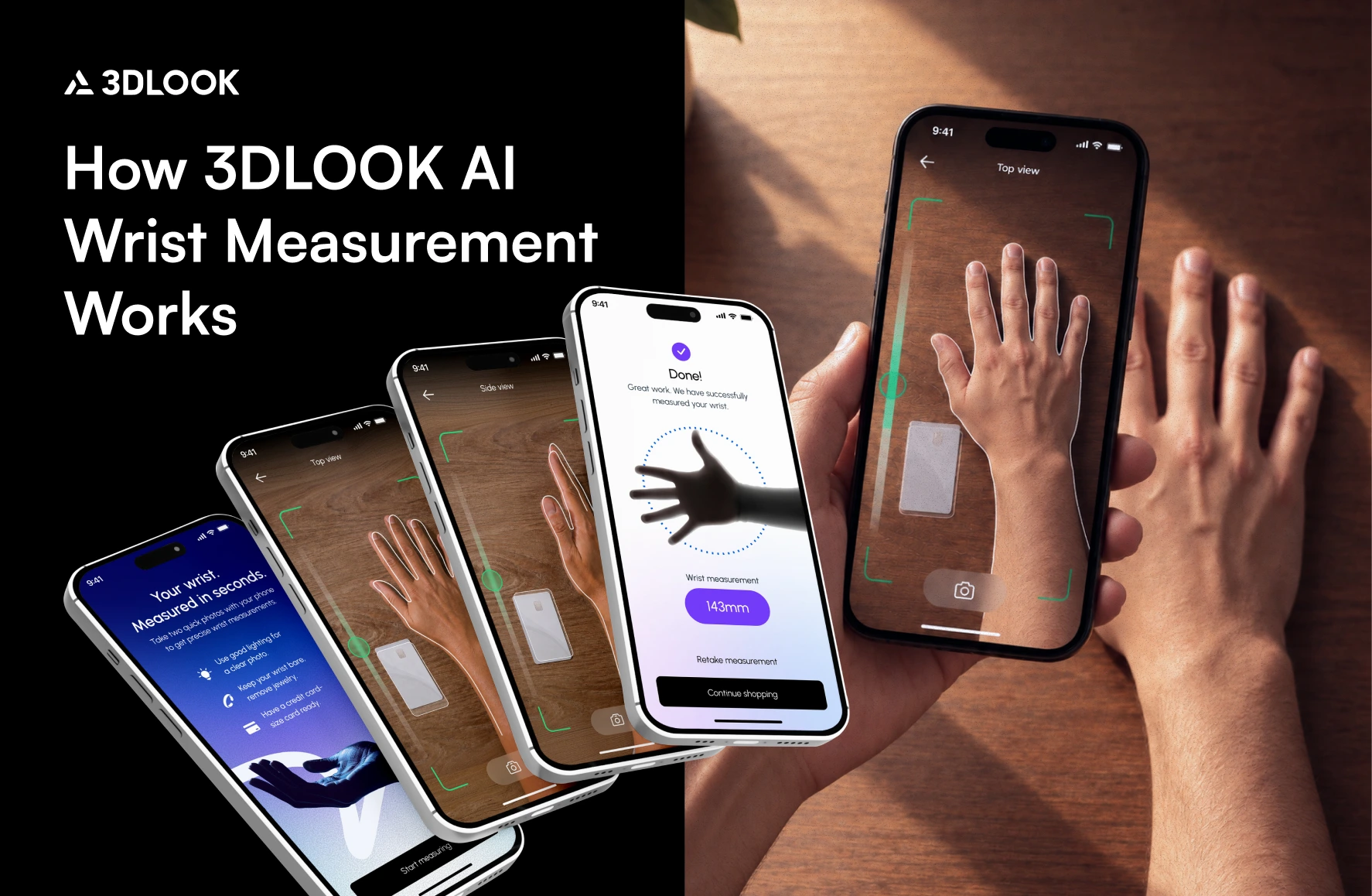 A hand holds a smartphone displaying the 3DLOOK app interface, which uses AI measurement technology to provide instructions, a camera view for scanning, and a final wrist measurement result.