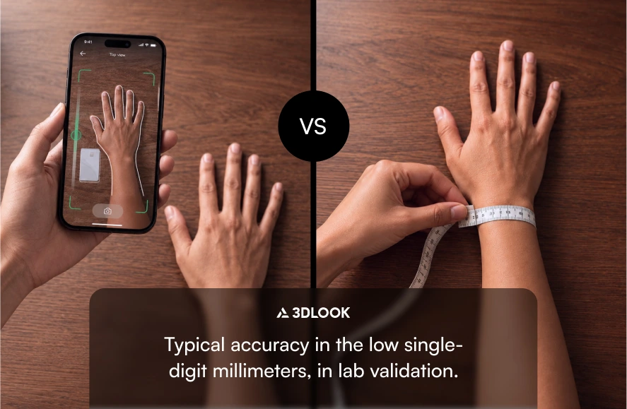 A comparison of hand measurement using a smartphone app versus a physical measuring tape, showing 3DLOOK body scanning technology with single-digit millimeter accuracy.