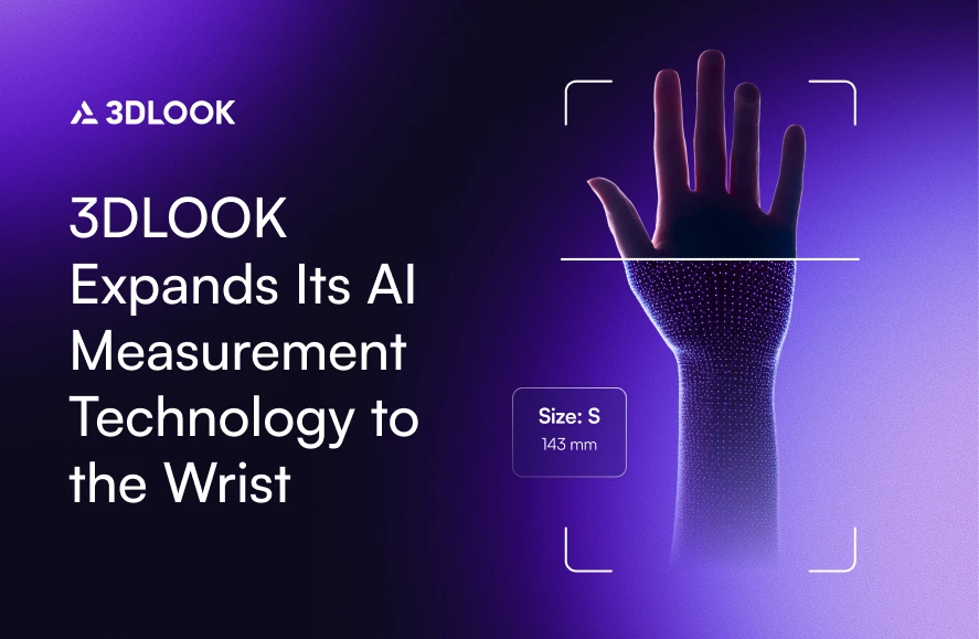 3DLOOK promotional image showing a hand being scanned by FitXpress technology to determine a wrist size of S (143 mm) using scan data.